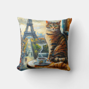 A Morning in Paris Tabby Cat at a Cafe Cushion