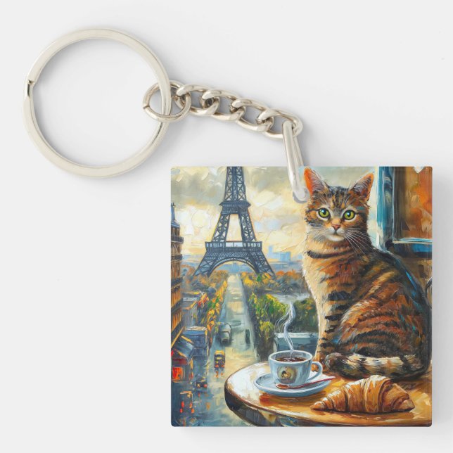 A Morning in Paris | Tabby Cat at a Cafe Key Ring (Front)