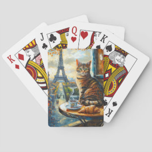 A Morning in Paris Tabby Cat at a Cafe Playing Cards
