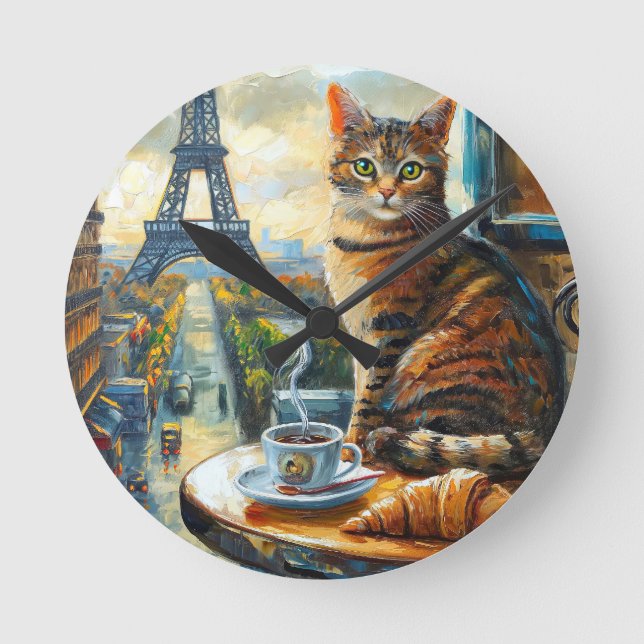 A Morning in Paris | Tabby Cat at a Cafe Round Clock (Front)