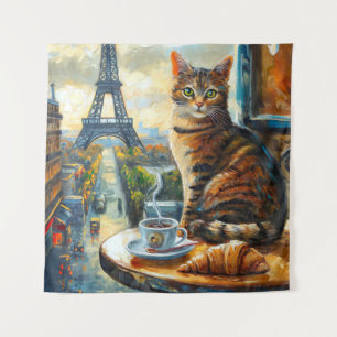 A Morning in Paris Tabby Cat at a Cafe Tapestry