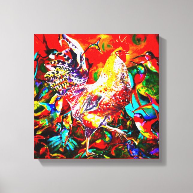 "A Most Colourful Morning" Rooster and Hummingbird Canvas Print (Front)