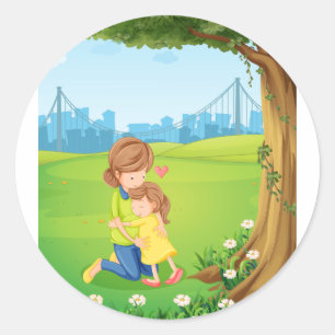 A mother hugging her daughter under the tree classic round sticker