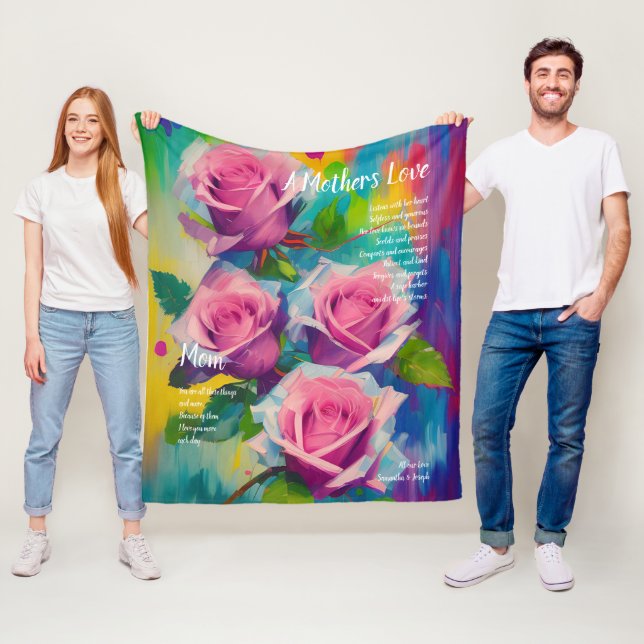 A Mother’s Love Poem Bold Beautiful Pink Roses Fleece Blanket (In Situ)