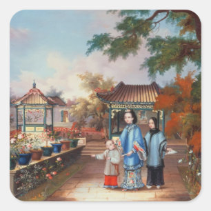 A mother with her children in a chinese garden, c. square sticker