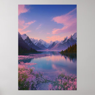 A Mountain Lake and a Sky of Pink Poster