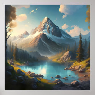 a Mountain Landscape with a Lake and Mountain Poster