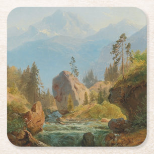 A Mountain Landscape with Creek – Albert Zimmerman Square Paper Coaster