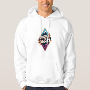 A mountain peak silhouette with the phrase “Conque Hoodie