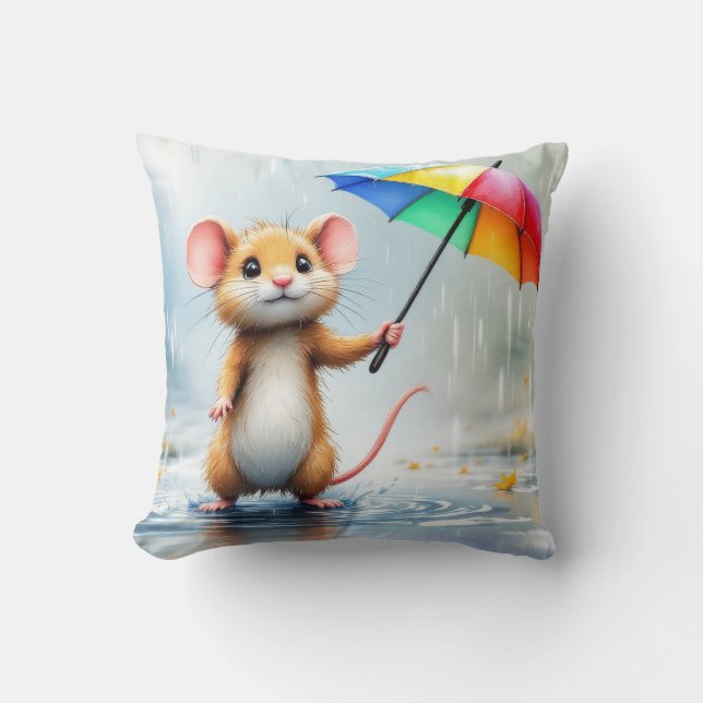 A mouse with a rainbow umbrella rain watercolor cushion (Front)