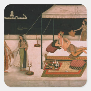 A Mughal prince receiving a lady at night Square Sticker
