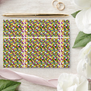 a multicolored background with squares and dots envelope