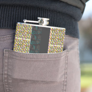 a multicolored background with squares and dots hip flask