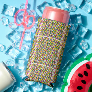 a multicolored background with squares and dots seltzer can cooler