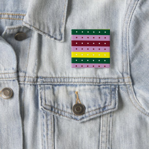 a multicolored striped background with dots 15 cm square badge
