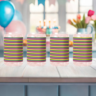 a multicolored striped background with dots can glass