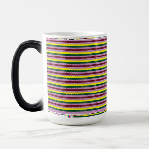 a multicolored striped background with dots magic mug