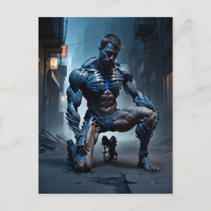 A muscled man with one knee on the ground seems to postcard