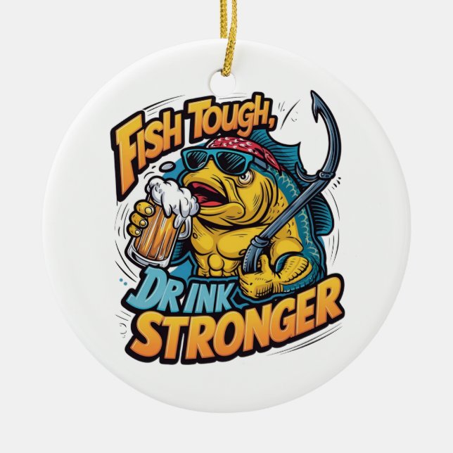 A muscular fish wearing sunglasses  ceramic tree decoration (Front)