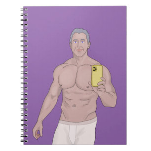 A muscular grey-haired man taking a selfie notebook