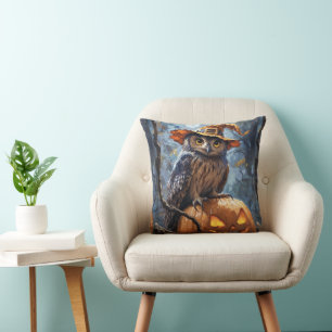 A mysterious, charming owl wearing an orange hat s cushion