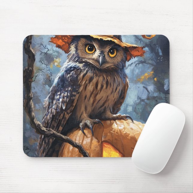 A mysterious, charming owl wearing an orange hat s mouse mat (With Mouse)