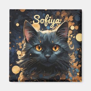 A mysterious majestic black cat glitter name magnet