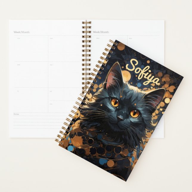 A mysterious majestic black cat glitter name planner (Display)