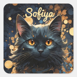 A mysterious majestic black cat glitter name square sticker