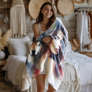 A mystical bond between a Native Indian and a wolf Fleece Blanket