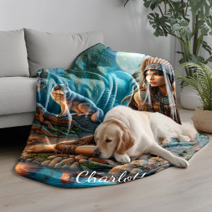A mystical night with a native Indian and wolves Fleece Blanket