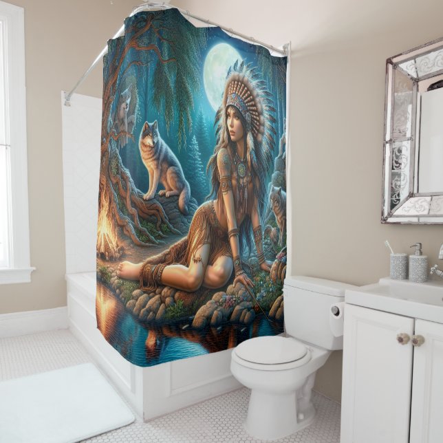 A mystical night with a native Indian and wolves Shower Curtain (In Situ)