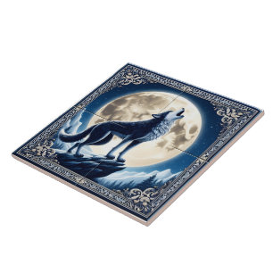 A Mystical Wolf Howls at the Moonlit Night Sky Tile