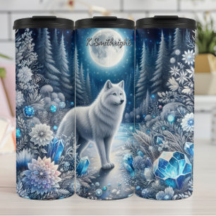 A Mystical Wolf in a Crystal Forest Thermal Tumbler