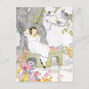 A Nap on Garden Bench Under Cherry Tree Postcard