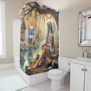 A Native Indian girl and a wolf by a serene river Shower Curtain