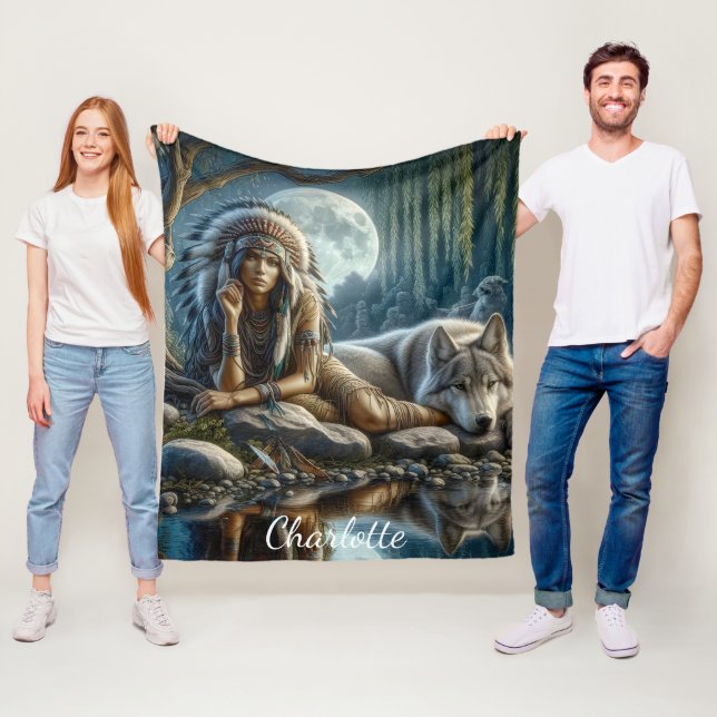 A Native Indian woman and her loyal wolf companion Fleece Blanket (In Situ)