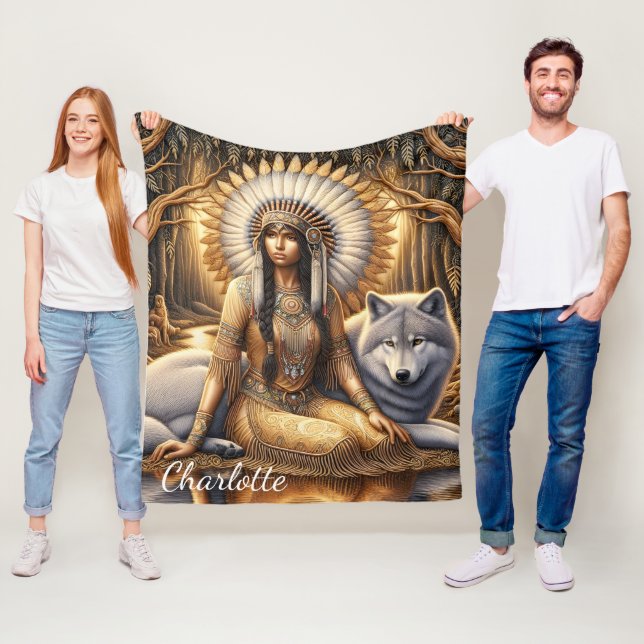 A Native Indian woman shares a bond with a wolf Fleece Blanket (In Situ)