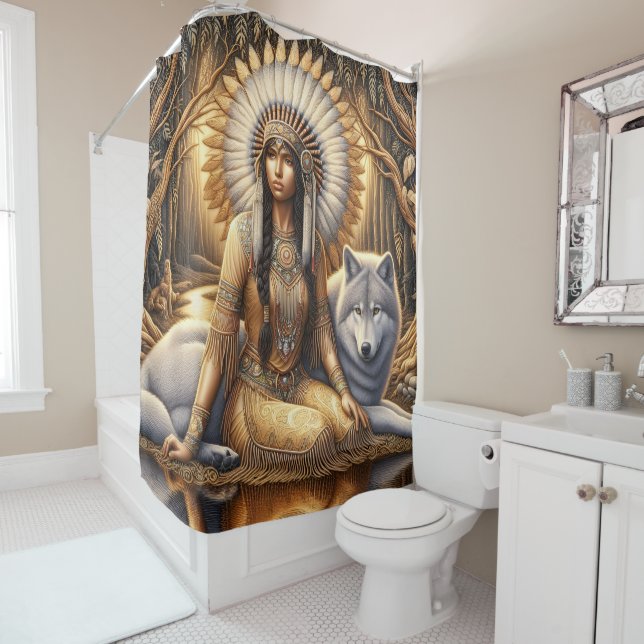 A Native Indian woman shares a bond with a wolf Shower Curtain (In Situ)