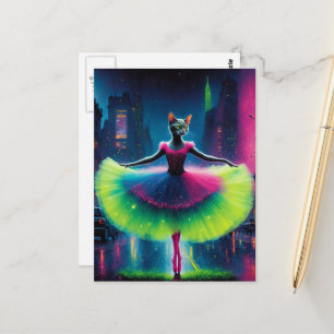 A neon grey ballet cat in the cyberpunk city postcard