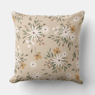 A neutral beige colour with white and peach flower cushion