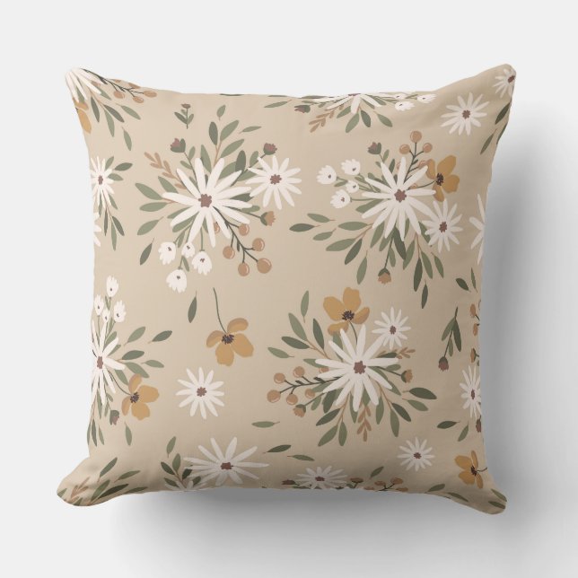 A neutral beige colour with white and peach flower cushion (Front)