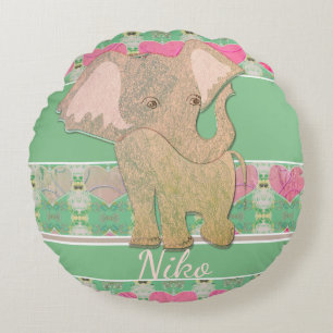 A New Baby Boy! Elephant & Green Round Cushion
