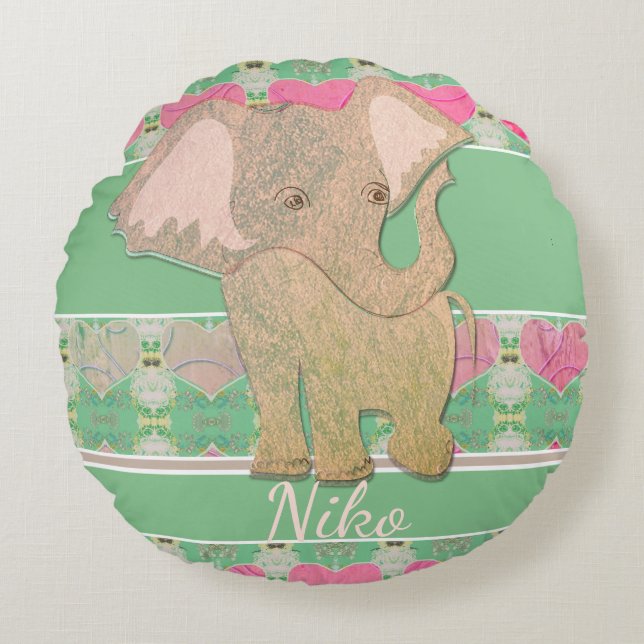 A New Baby Boy! Elephant & Green Round Cushion (Front)