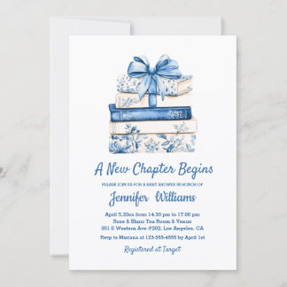 a new chapter begins blue bow books baby shower  invitation