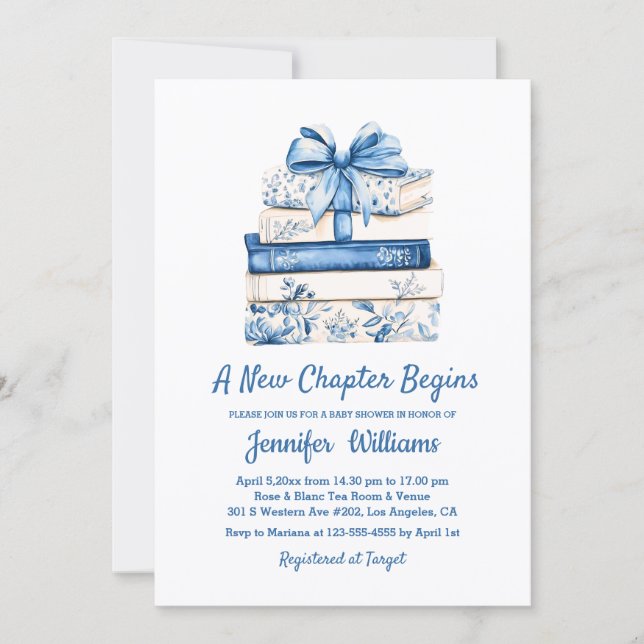 a new chapter begins blue bow books baby shower  invitation (Front)