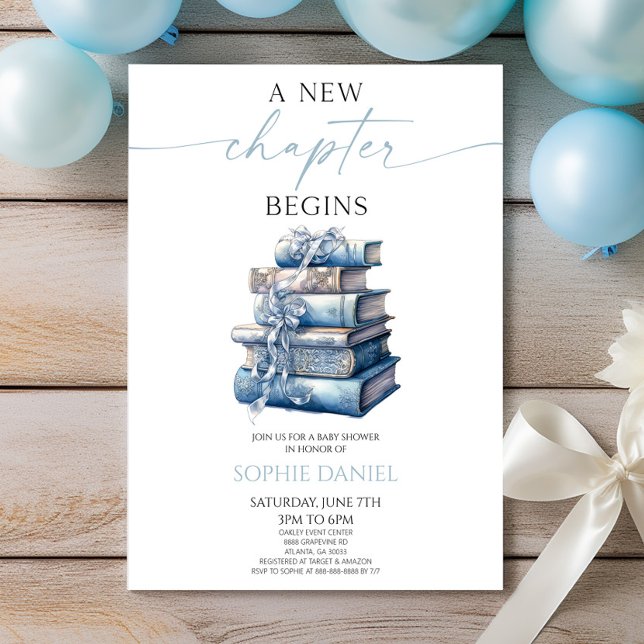 A New Chapter Begins Blue Bow Books Baby Shower Invitation (Creator Uploaded)
