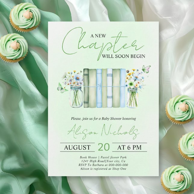 A New Chapter Begins bookneutral green baby shower Invitation (Creator Uploaded)