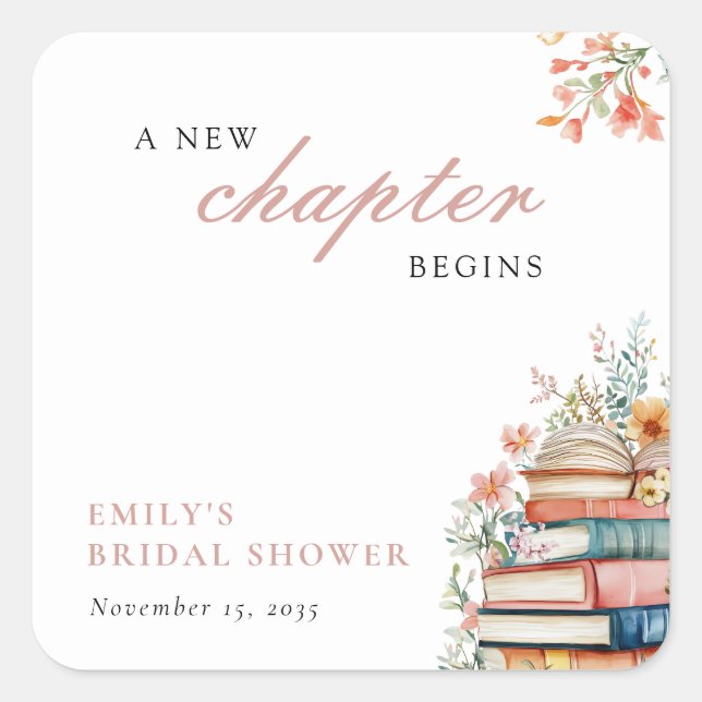 A New Chapter Begins Books Bridal Shower Square Sticker (Front)