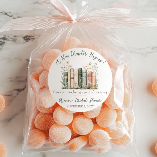 A New Chapter Begins! Bridal Shower Favor Classic Round Sticker (Creator Uploaded)